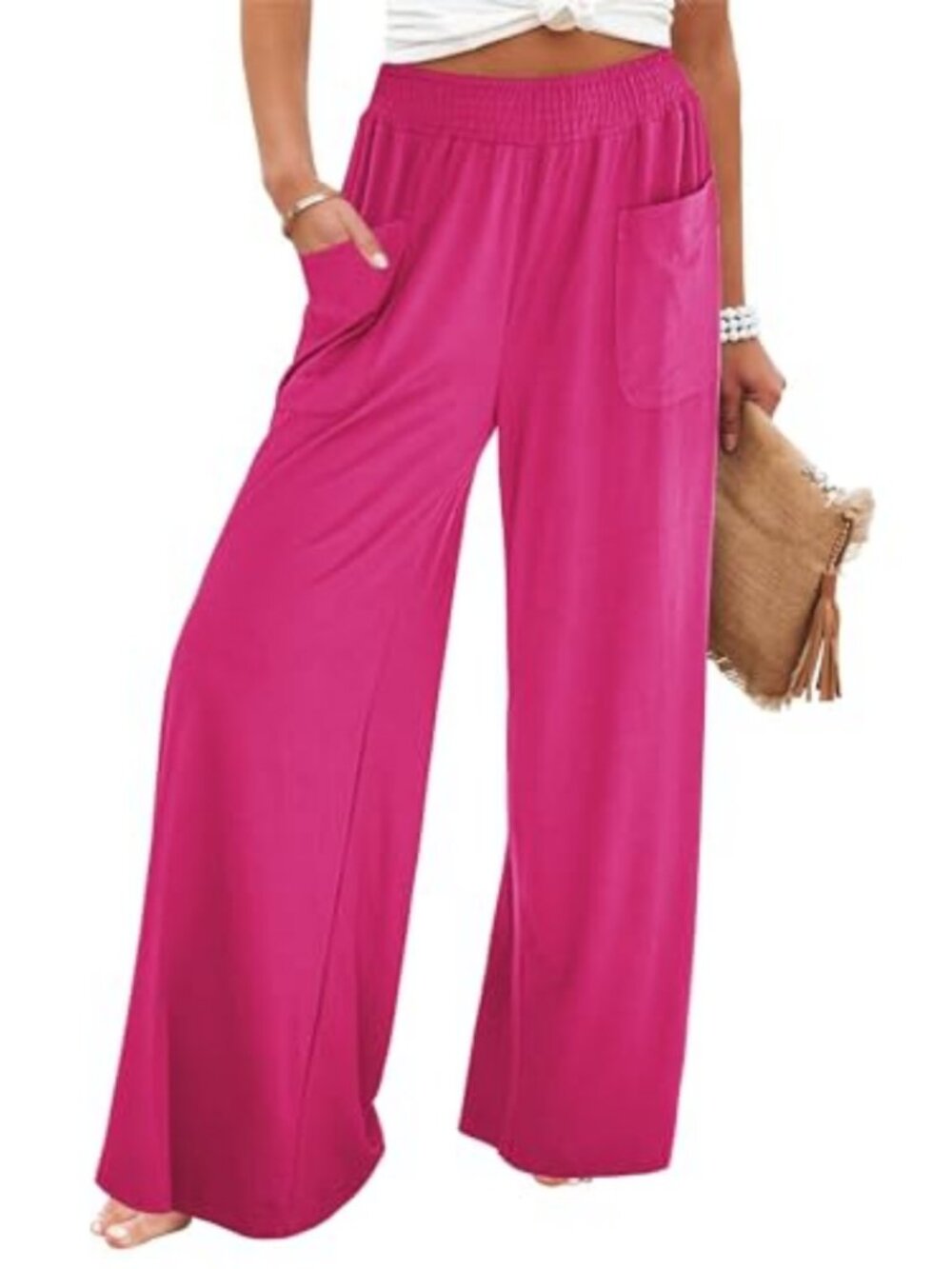 Wide Leg Palazzo Pants High Rise Smocked Elastic Waist Pull On